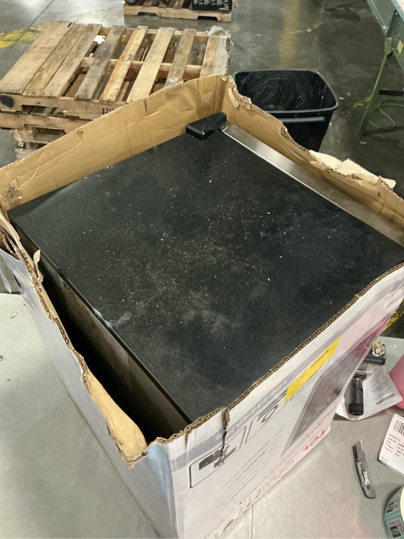 Condition photo showing As Is for tcl 161 can 24 in beverage cooler, freestanding mini fridge with glass doors, removable shelves, digital controls & led lighting for water, soda, energy drinks