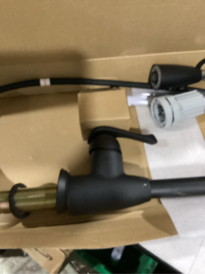 Condition photo showing As Is for project source tucker matte black single handle pull-down kitchen faucet with sprayer (deck plate included)