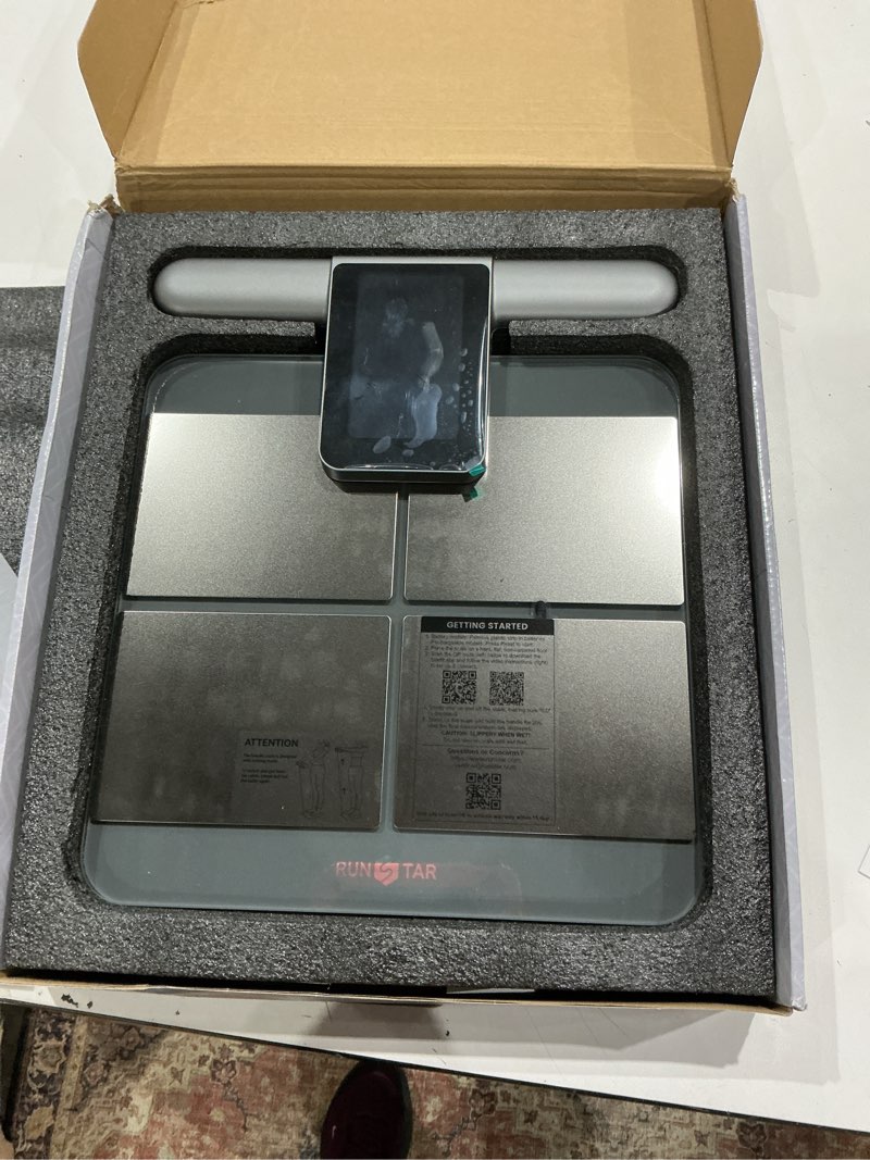 Condition photo showing Good Condition for runstar scale for body weight and fat percentage, 8-electrodes precision digital smart scale for bmi 28 body composition measurement, silver bathroom smart scales with large display