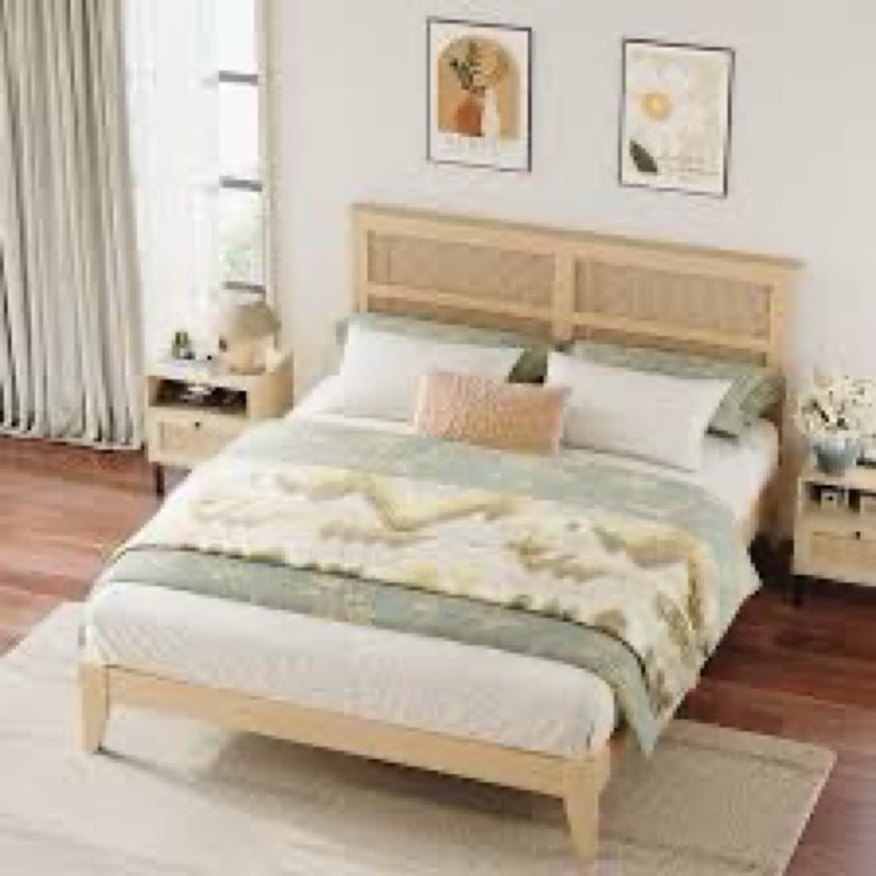 Aimara Rubber Wood Queen Bed Frame with Rattan Headboard, Rattan Platform Bed, Boho Bedroom Furniture (Color Variations May Occur) Color: Natural