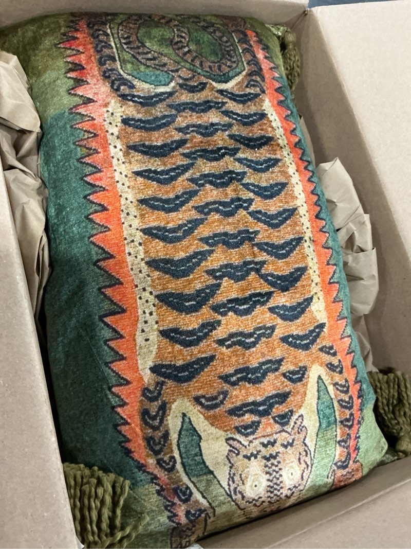 Condition photo showing Good Condition for creative co-op cotton velvet blend tiger lumbar pillow with tassels, multicolor
