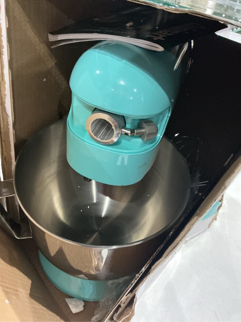 Condition photo showing As Is for cuisinart stand mixer, 12 speed, 5.5 quart stainless steel bowl, chef’s whisk, mixing paddle, dough hook, splash guard w/ pour spout, periwinkle blue, sm-50tqnas manual periwinkle blue 5.5 qt stand mixer