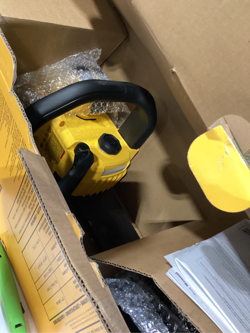 Condition photo showing As Is for dewalt 20v max 12" cordless chainsaw kit with battery and charger included (dccs621p1)