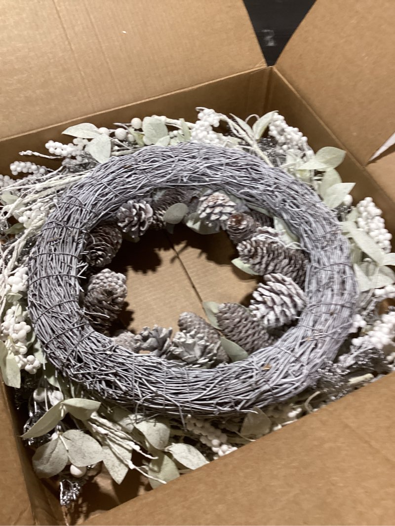 Condition photo showing Good Condition for Birch Wreath with White Berries, Iced Pine Cones, Holly Leaf, Branch - 26" Winter Christmas Wreath for Front Door or Indoor Wall Window Thanksgiving Decor Silver Green
