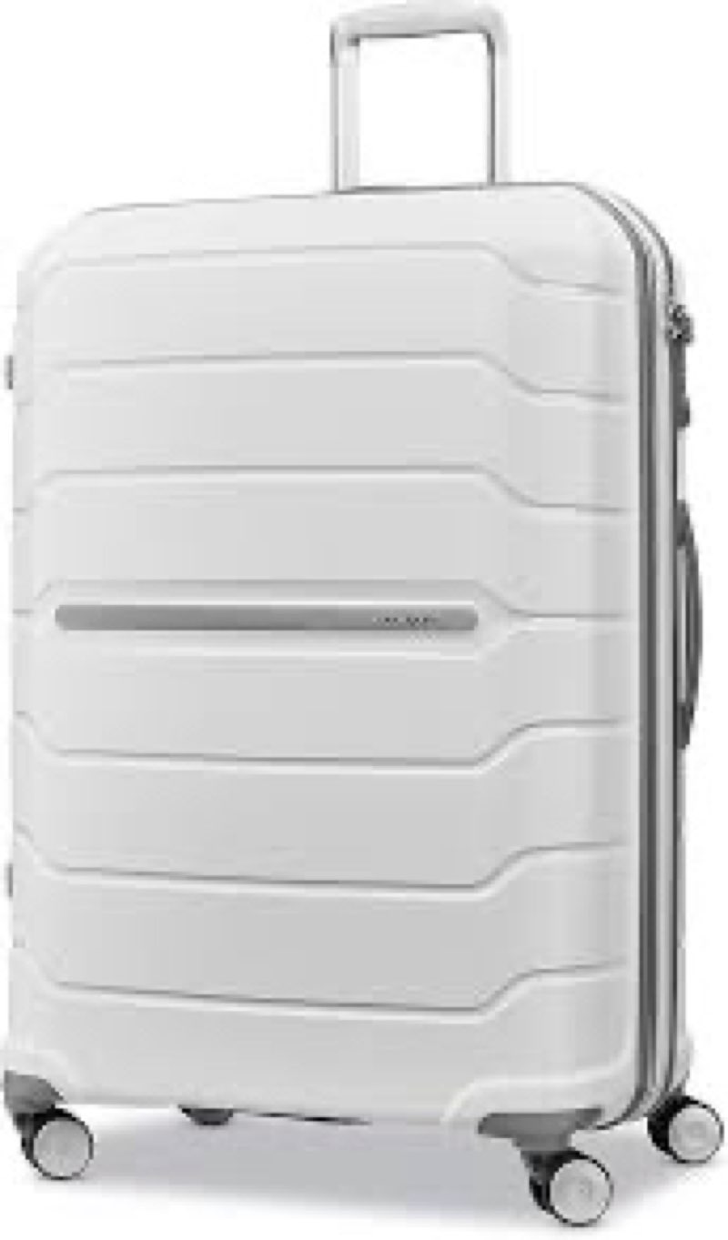 samsonite freeform 28-inch large luggage with dual 360° spinner wheels - checked suitcase - tsa lock, airline-approved - lightweight durable polypropylene expandable hardshell - white checked-large spinner white