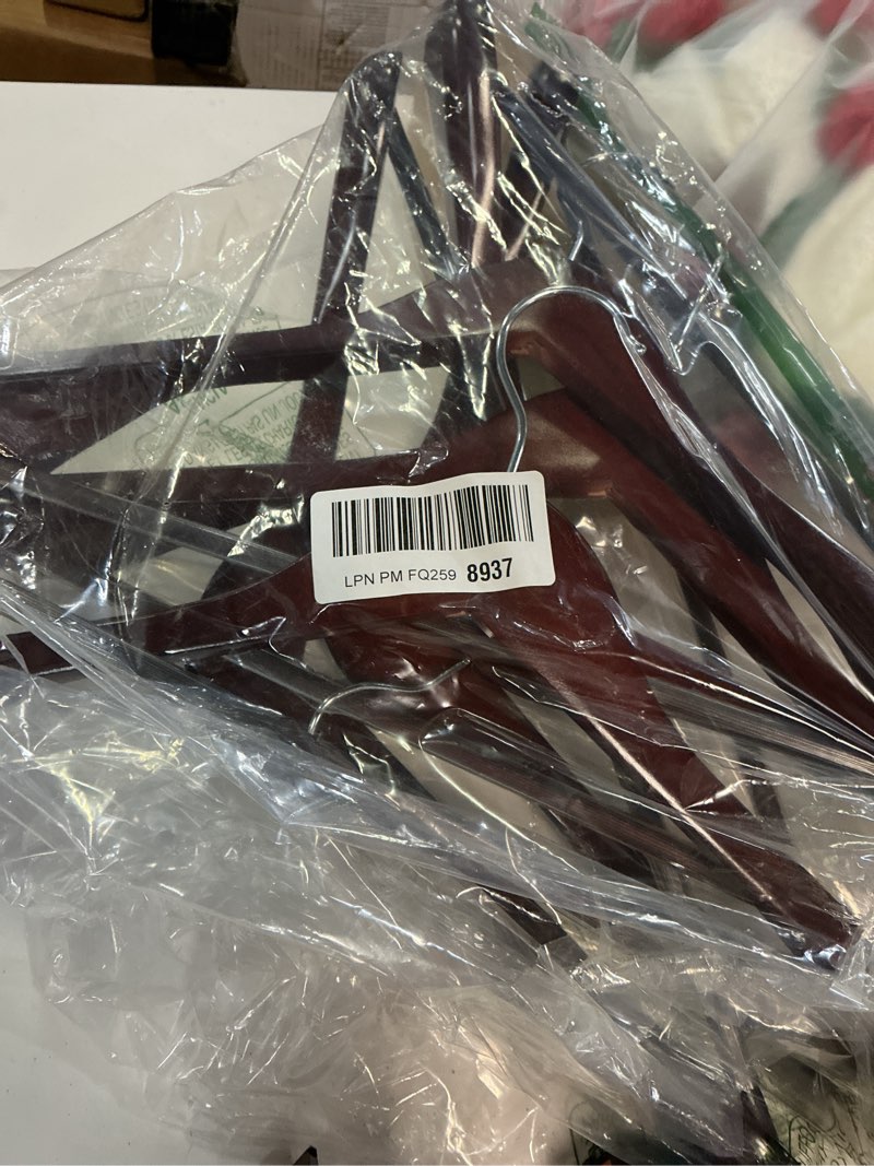 Condition photo showing Good Condition for zober 6 pack high-grade wooden suit hangers for men, wide shoulder hangers with non slip pants bar, smooth finish, holds upto 20lbs, 360° swivel hook, jacket hanger, heavy duty wide hanger for closet cherry wood