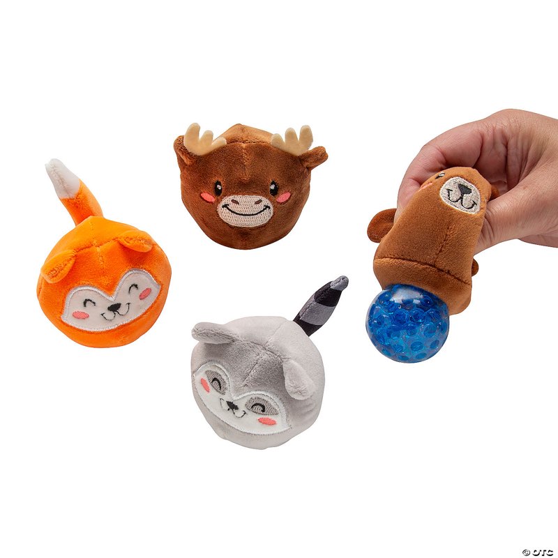 Woodland Animals Gel Beadede Squeeze Toys (2") 12 Pcs. - Assorted Plush Bear, Fox, Raccoon & Moose -