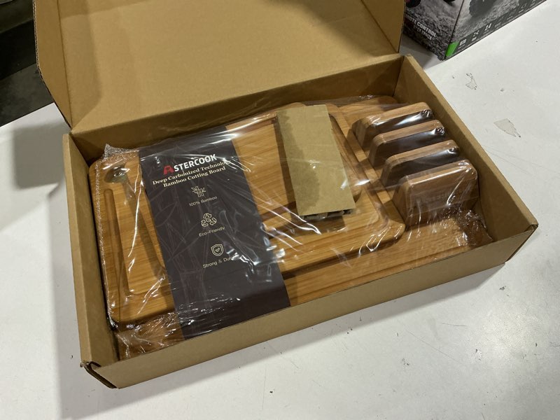 Condition photo showing Good Condition for Astercook Deep-Carbonized Bamboo Cutting Boards for Kitchen with Wood Storage Stand, Reversible Charcuterie & Chopping Boards with Juice Grooves and Easy-Grip Handles, Knife-Friendly, Kitchen Gift