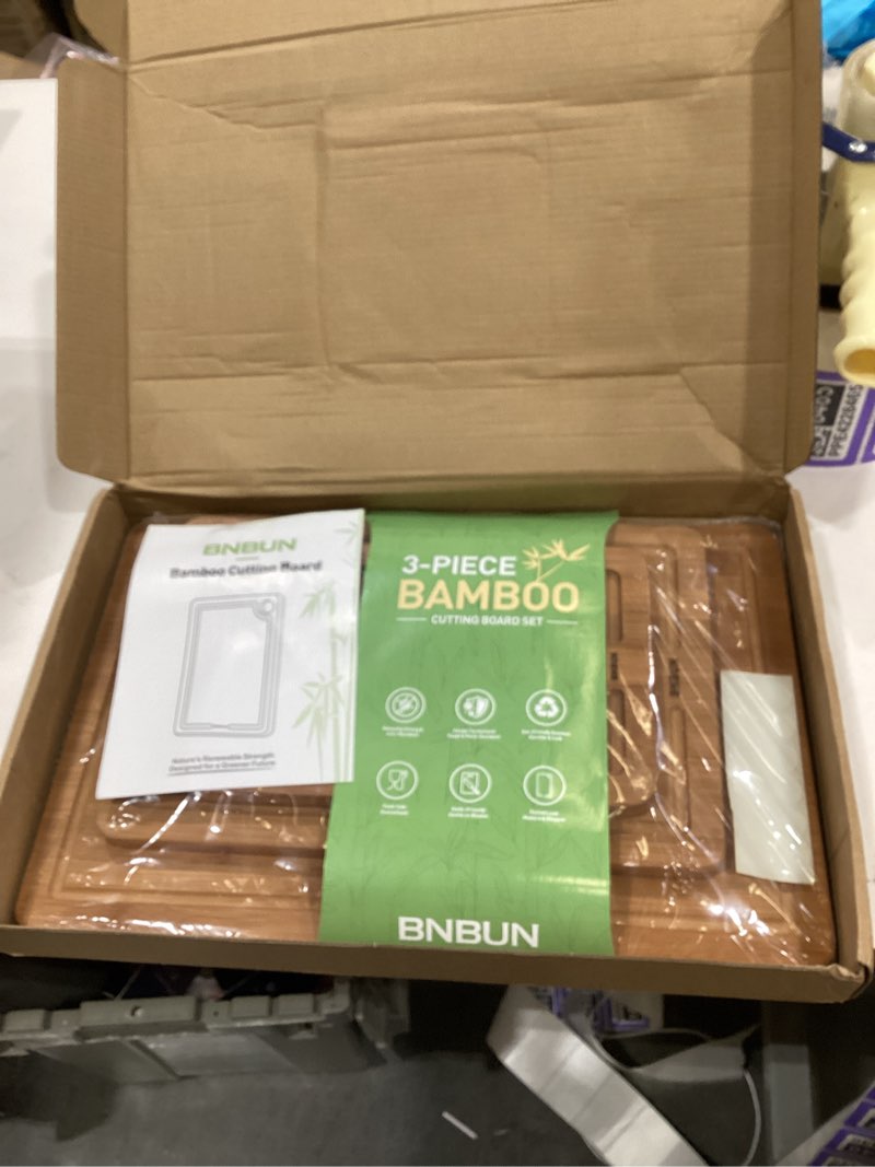 Condition photo showing New/Like New for Bamboo Cutting Board for Kitchen, Wooden Cutting Board 3-Piece Set with Non-Slip Mat Deep Juice Groove and Built-In Handles, Wood Cutting Board for Meat Vegetables Fruit Ideal Gift for the Home Carbonized brown set of 3(S+M+L?
