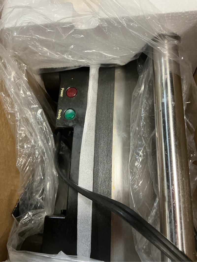 Condition photo showing As Is for Chefman Panini Press Grill and Gourmet Sandwich Maker Non-Stick Coated Plates, Opens 180 Degrees to Fit Any Type or Size of Food, Stainless Steel Surface and Removable Drip Tray, 4 Slice, Black 4 Slice - Standard