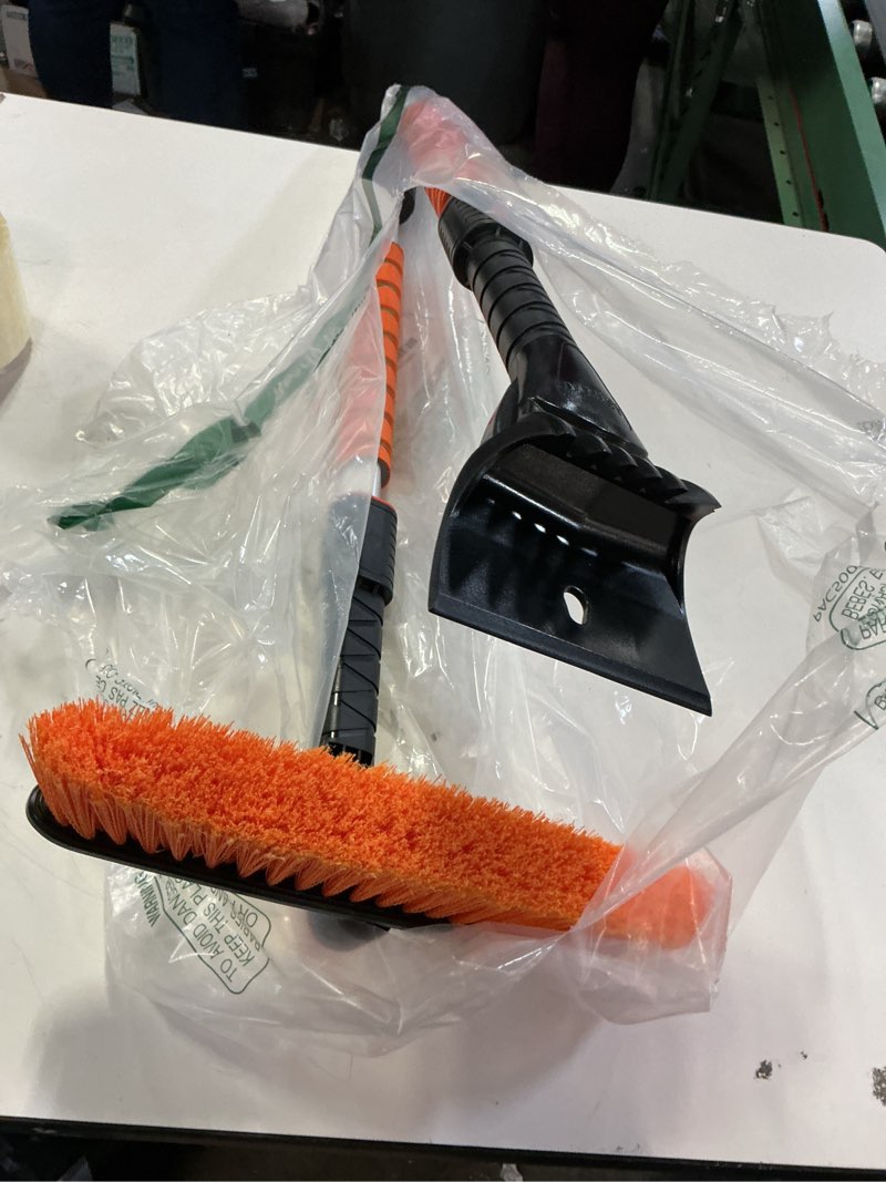 Condition photo showing As Is for 33" Extendable Snow Brush and Ice Scraper for Car Windshield, 2-in-1 Car Snow Brush & Ice Scraper with 360° Pivoting Brush Head and Comfortable Foam Grip for SUV Trucks Sedans,Orange