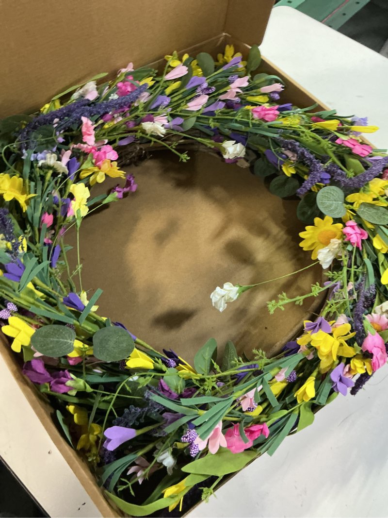 Condition photo showing New/Like New for J'FLORU Spring Wreath 24 Inch Summer Wreaths for Front Door Artificial Flower Wreath with Daisy and Lavender for Indoor Outdoor and Easter Celebration