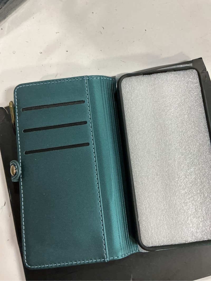 Condition photo showing New/Like New for defencase for galaxy s25 magnetic wallet case compatible with magsafe with rfid blocking zipper & card holder for women men, pu leather detachable phone case for samsung galaxy s25 6.2", blue green galaxy s25 (detachable with magsafe)-blue green