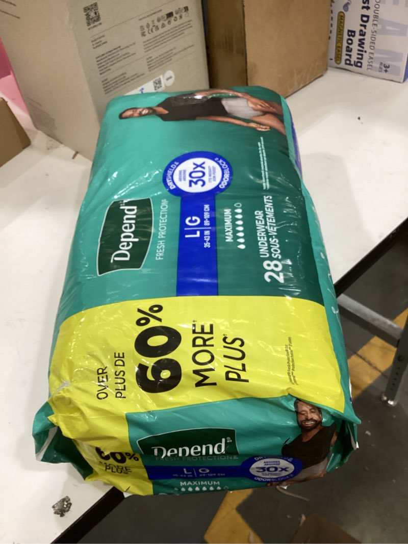 Condition photo showing New/Like New for depend fresh protection adult diapers, incontinence underwear for men, disposable, maximum, large, grey, 28 count, packaging may vary large 28
