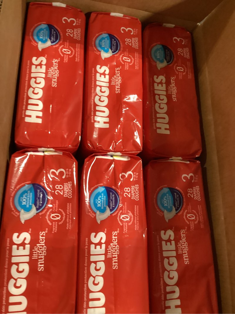 Condition photo showing New/Like New for huggies size 3 diapers, little snugglers baby diapers, size 3 (16-28 lbs), 168 count (6 packs of 28), packaging may vary