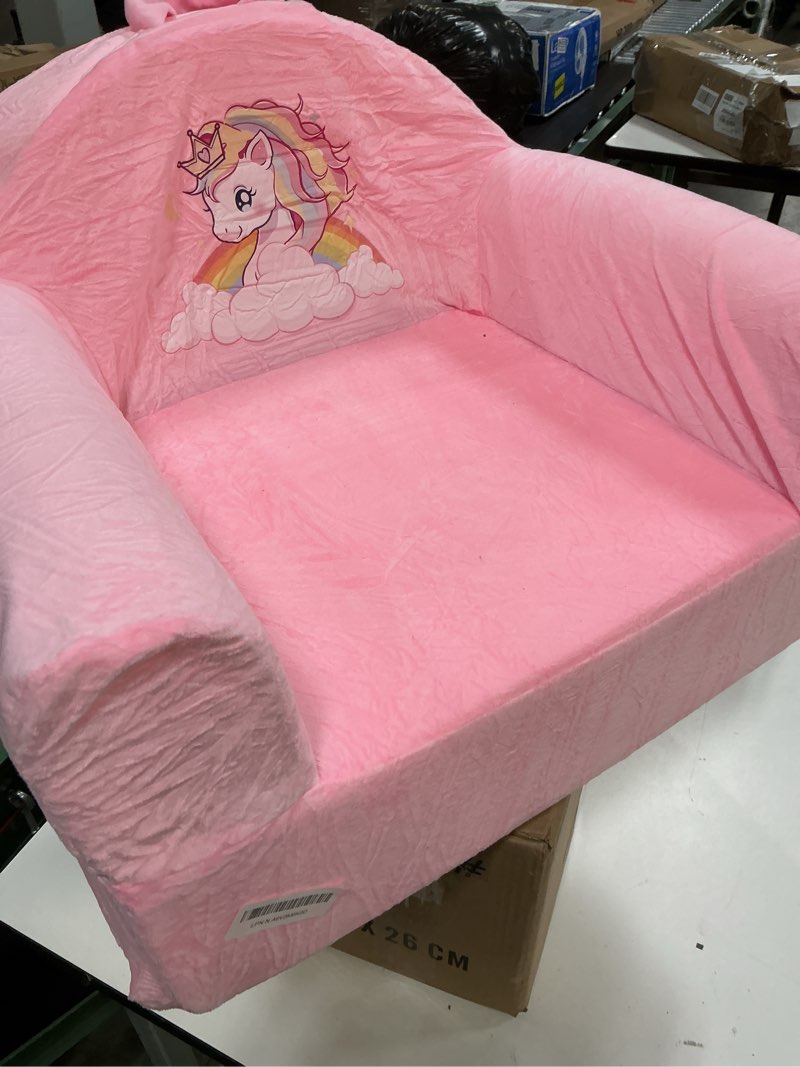 Condition photo showing As Is for Kids Sofa Chair with Removable Washable Cover & Magic-Tape Backrest Toddler Chair, Cozy Crystal Velvet Furniture for Playtime, Naps & Travel (Soft Pink, Unicorn Design) Unicorn-pink
