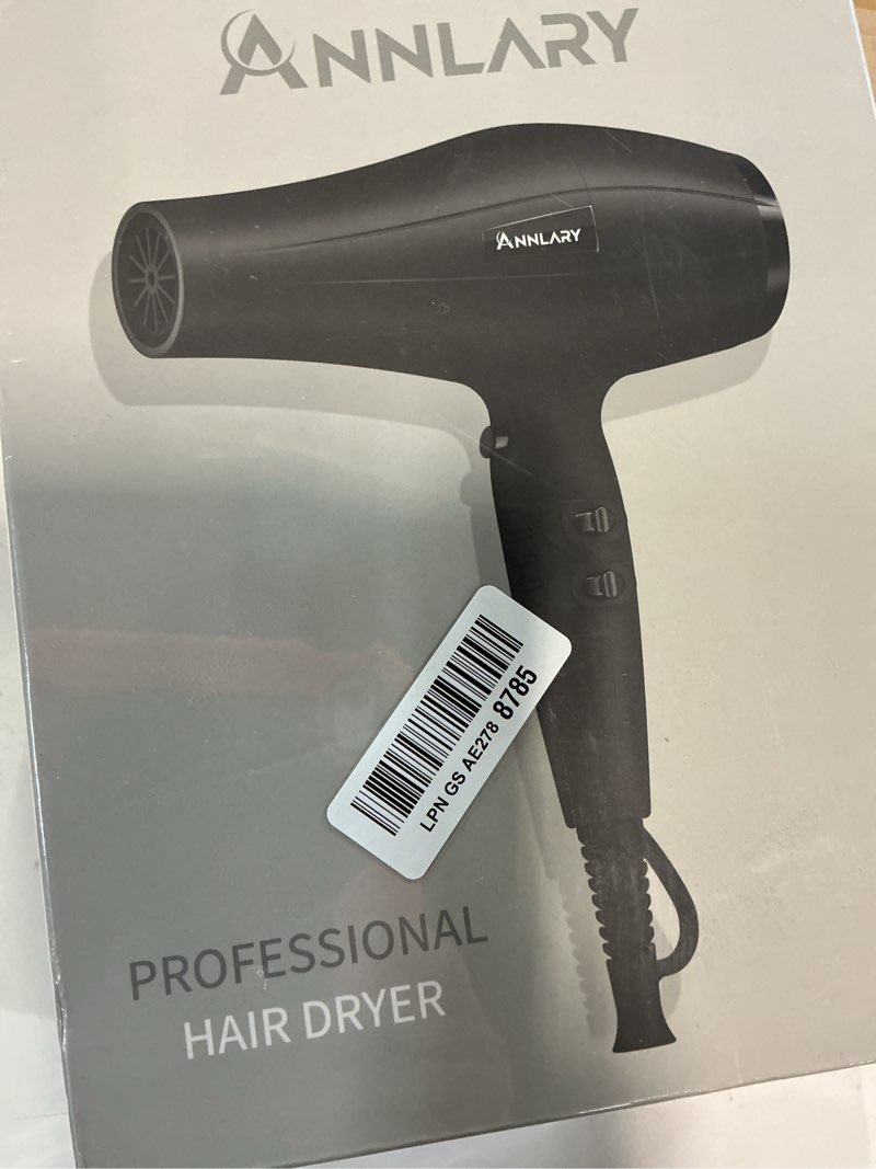 Condition photo showing New/Like New for annlary ionic hair dryer with diffuser, blow dryer, professional 1875w powerful ac motor hairdryer with 8.2ft cord for women & men, fast-drying blow dryer with nozzle for home, salon