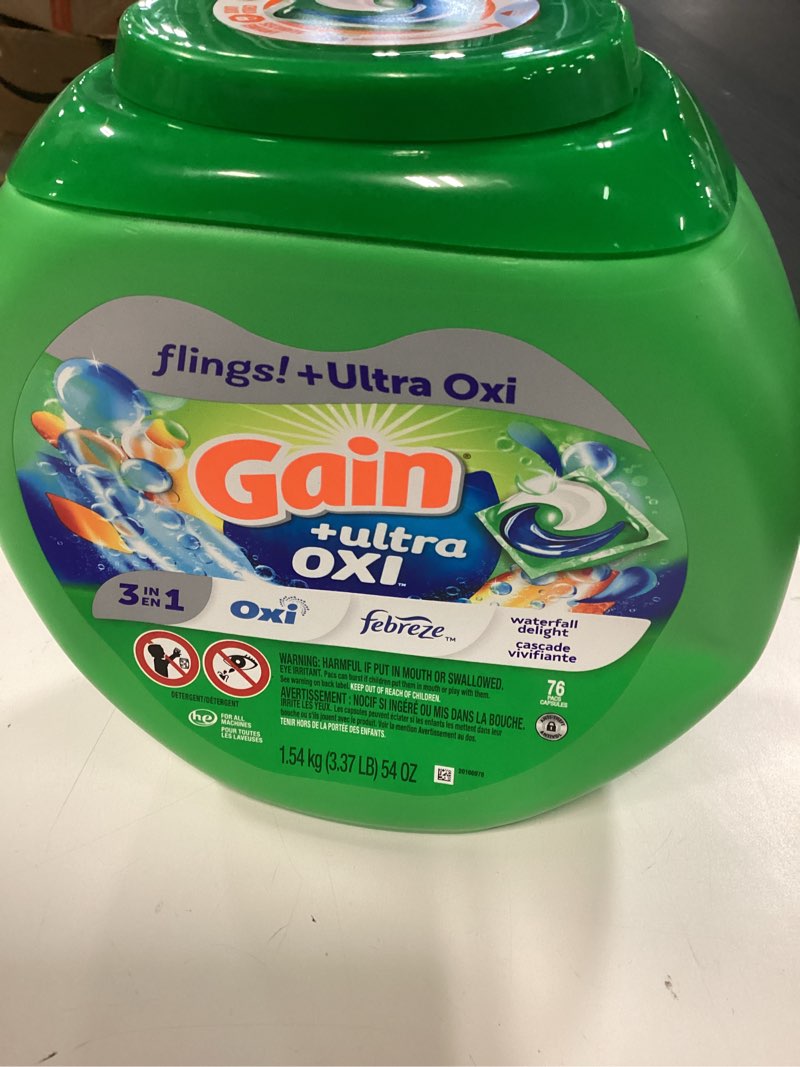 Condition photo showing New/Like New for gain flings ultra oxi laundry detergent pacs, 76 count, waterfall delight scent, 3-in-1, he compatible waterfall delight 76 count (pack of 1)