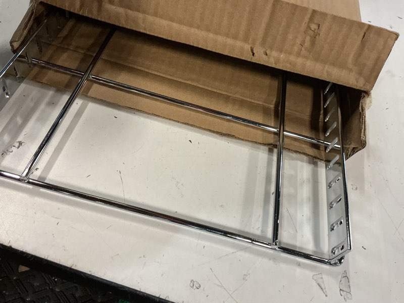 Condition photo showing Good Condition for pull-out trash can for cabinet - 12 gal / 48 qt – heavy-duty chrome, smooth slide with trash bag storage – fits 13" cabinet opening (bin not included) 12 gal / 10"w