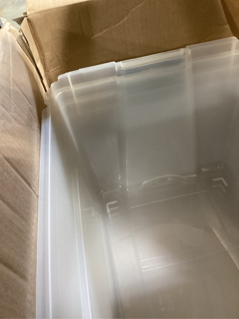 Condition photo showing As Is for iris usa 72 qt plastic storage box with lid and latches - 4 pack - bpa-free, see-through organizing solution, durable nestable stackable containers, secure pull handle - clear clear 72 qt 4 pack