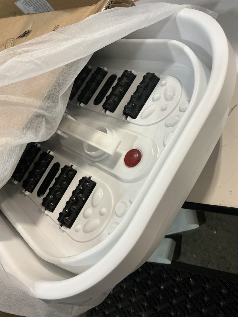 Condition photo showing New/Like New for collapsible heated foot spa with bubble and red light temperature control foot bath massager and soaking tub featuring 8 shiatsu massage rollers pumice stone and built-in timer ideal gift for wife,mom dark black