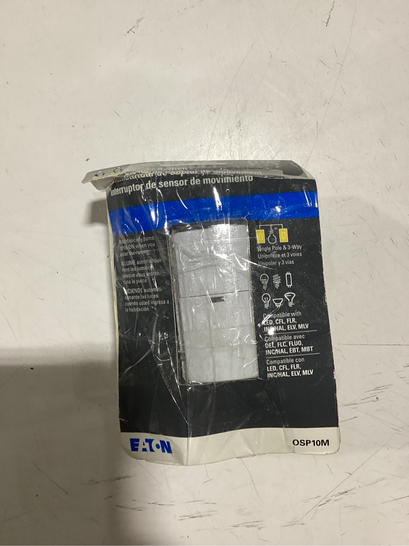 Condition photo showing As Is for eaton single-pole/3-way 15-amp occupancy motion sensor light switch, white