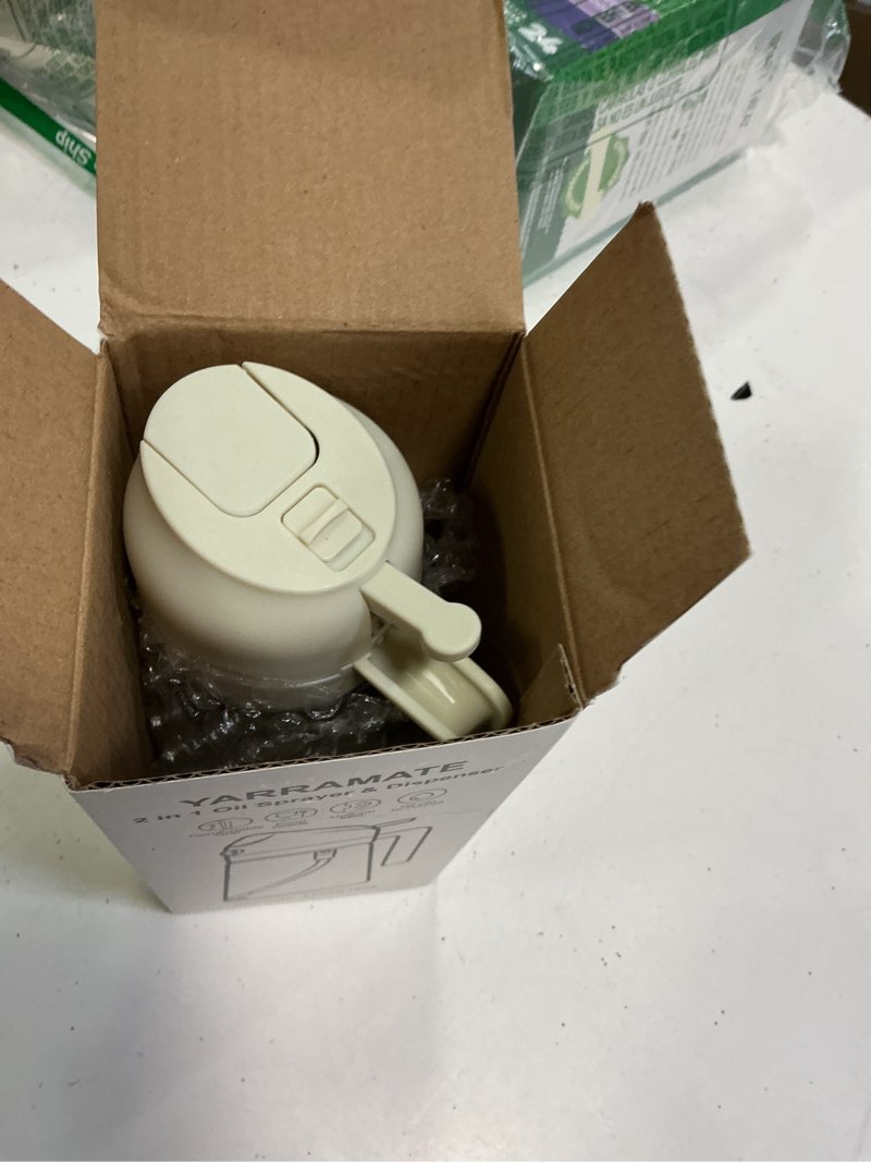 Condition photo showing Good Condition for YARRAMATE 16oz/470ml Glass Olive Oil Sprayer for Cooking with Stickers, 2 in 1 Oil Dispenser for Kitchen Gadgets, Food Grade Premium Spray Bottle for Salad, Frying, BBQ (Creamy White) 01_Creamy White