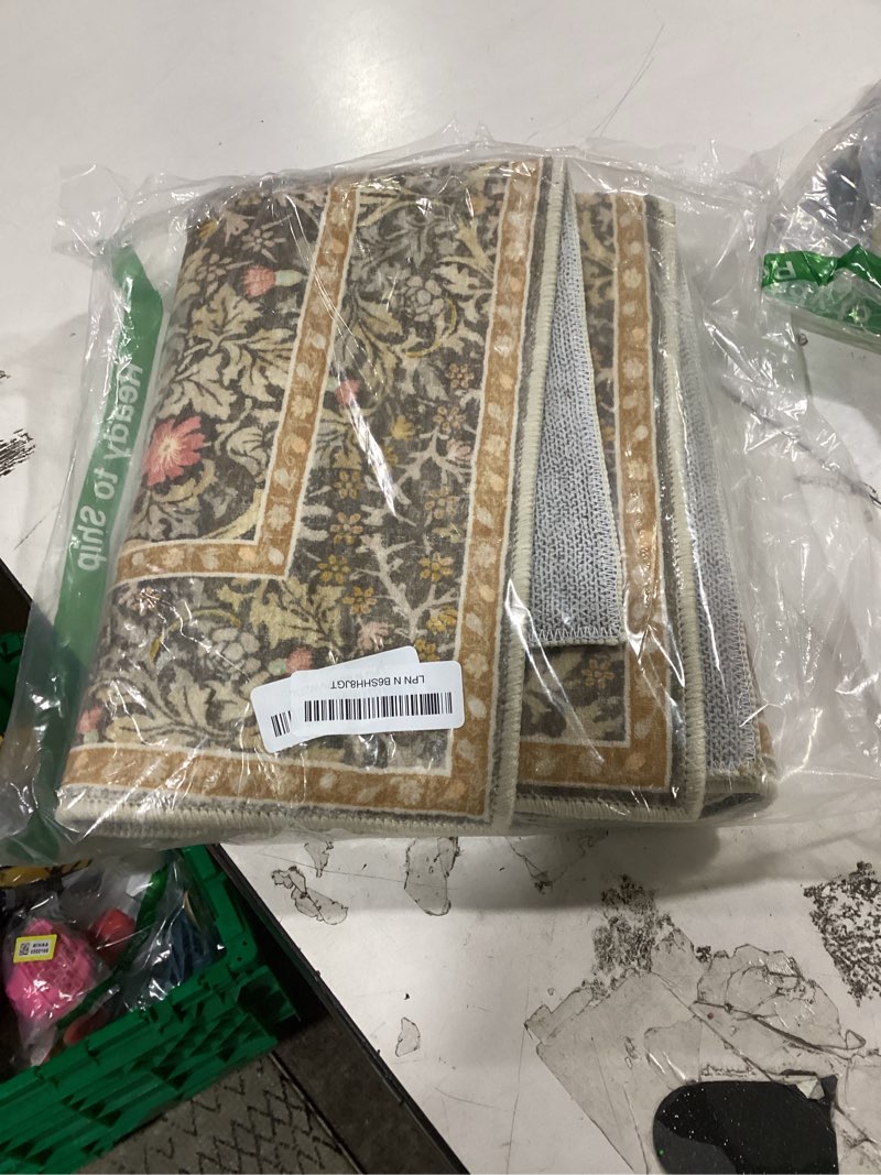 Condition photo showing Good Condition for washable runner rug non slip 2x6, gold brown runner rug for kitchen, bathroom, entryway, hallway, laundry room, bedroom bedside, vintage floral stain resistant soft low pile carpet gold brown 2' x 6' (runner)