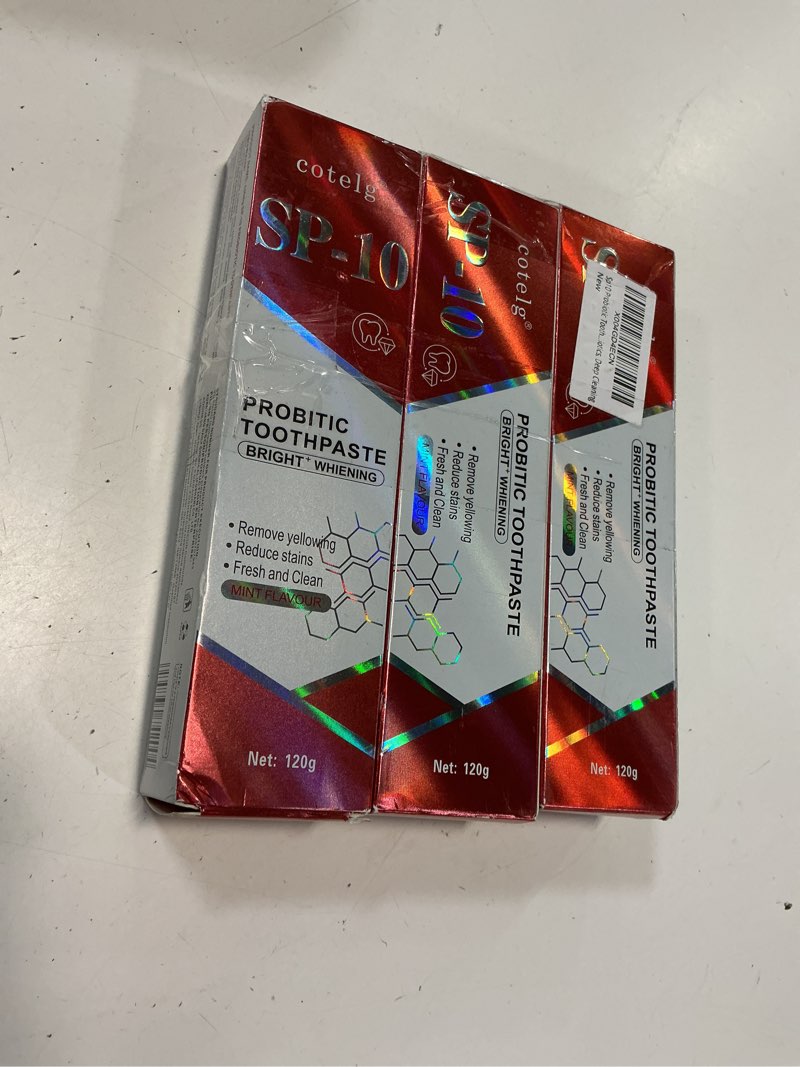 Condition photo showing New/Like New for sp10 probiotic toothpaste, sp 10 probiotic toothpaste whitening, fresh breath formula with probiotics, deep cleaning 3 pcs