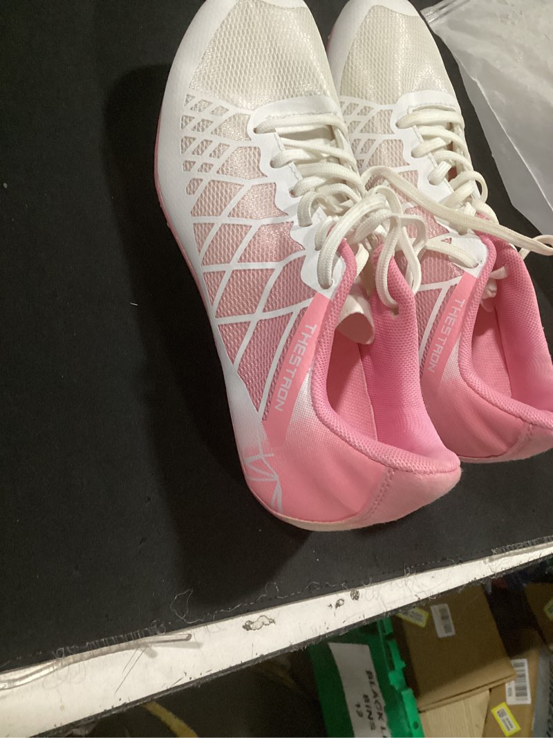 Condition photo showing Good Condition for (eu size 38/ womens 6.5-7) women kids track and field shoes professional 8 spikes running racing sneakers breathable lightweight sprinting shoes 6.5 white pin