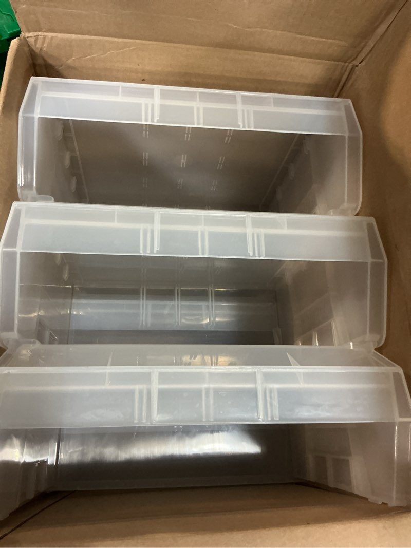 Condition photo showing Good Condition for Akro-Mils 30250 AkroBins Plastic Storage Bins, Space-Saving Stackable Bins for Garage, Pantry, Craft Organization, 15" x 16" x 7", Clear, 6-Pack Clear Containers