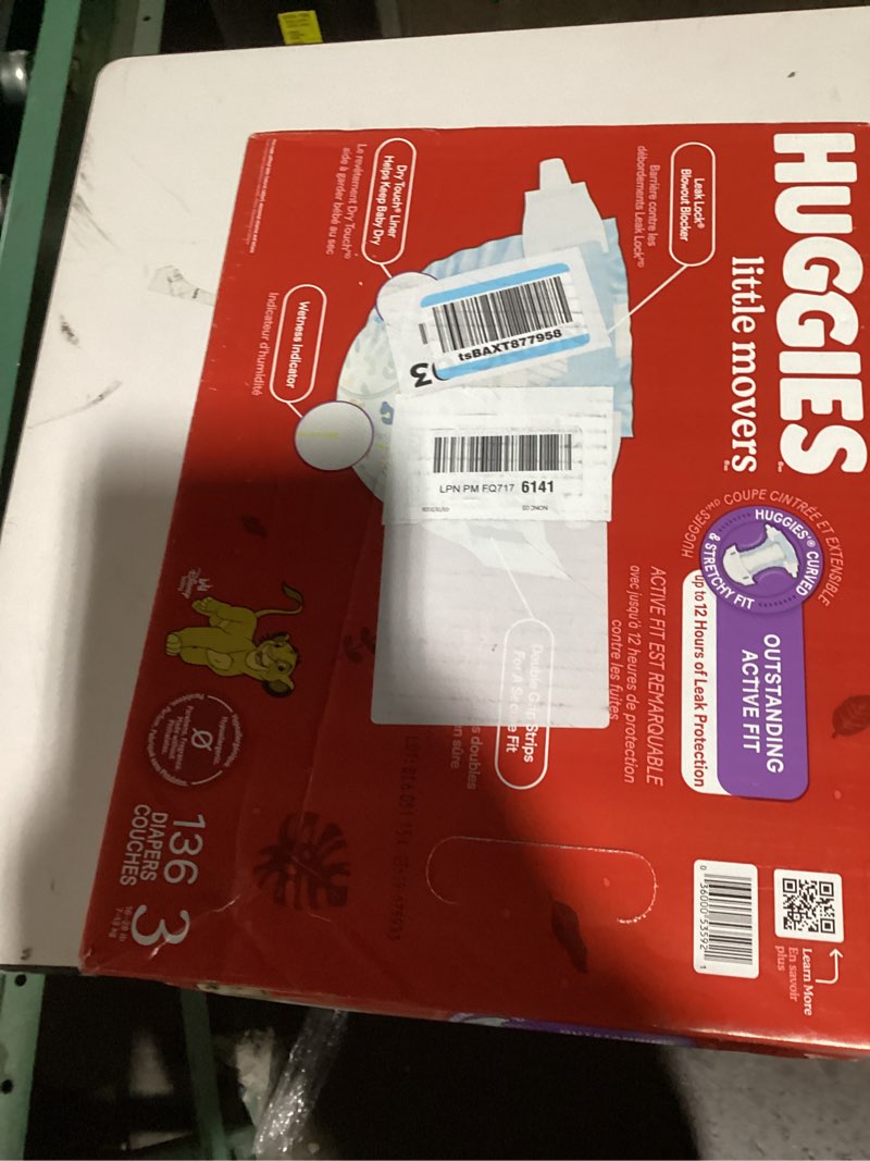 Condition photo showing Good Condition for huggies size 3 diapers, little movers baby diapers, size 3 (16-28 lbs), 136 count, packaging may vary size 3 136