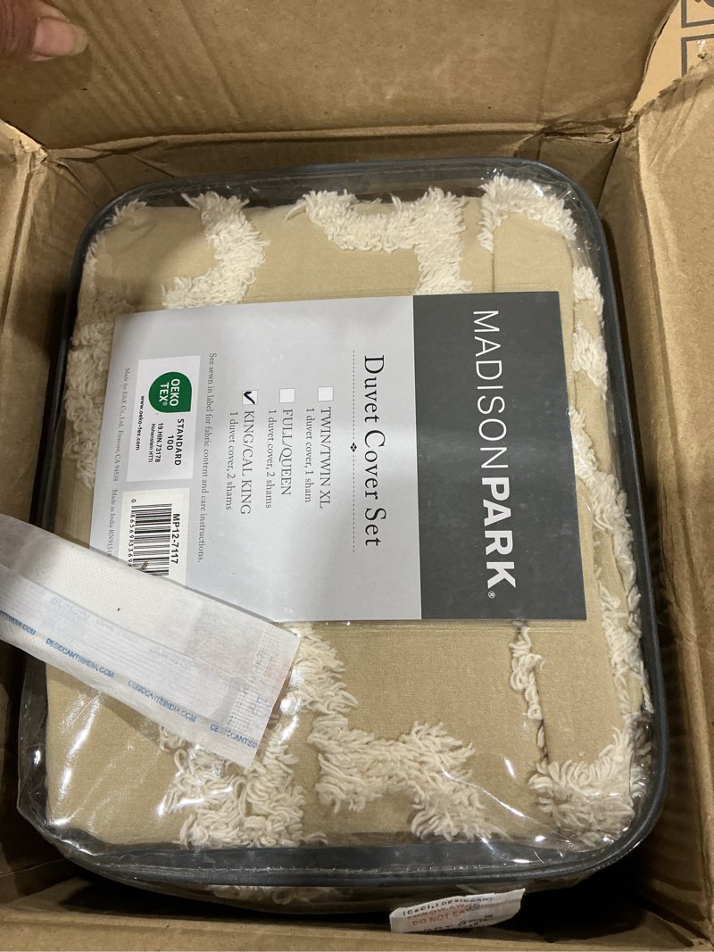 Condition photo showing Good Condition for madison park cotton chenille tufted taupe king duvet cover set, 3pc | medallion, all season bedding set, cozy, shabby chic, lightweight, machine washable, easy care, breathable laetitia taupe king/cal king(104"x92")