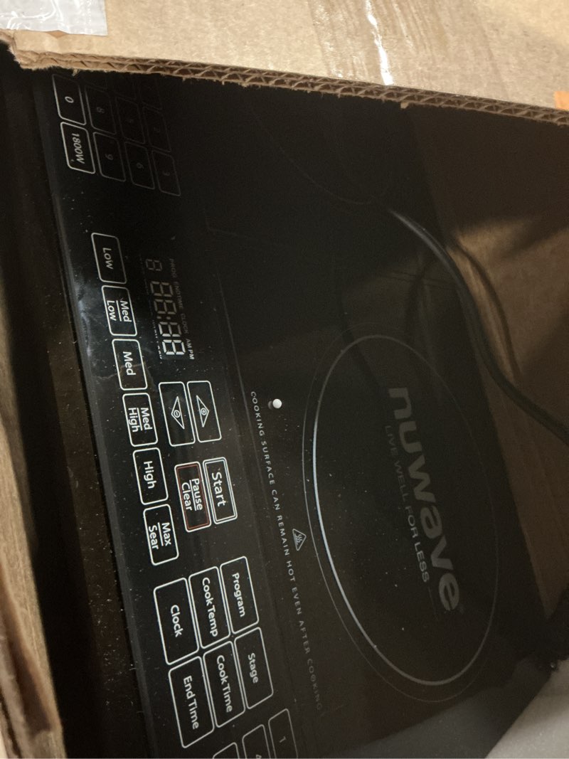 Condition photo showing As Is for Nuwave Double Cooktop Induction Countertop Burner, Portable, 900 & 1800W, 100°F to 575°F, Large 8” Heating Coil, 50 Pre-Programmed Settings, Shatter-Proof Ceramic Glass, Built-In Safety Auto Shut Off