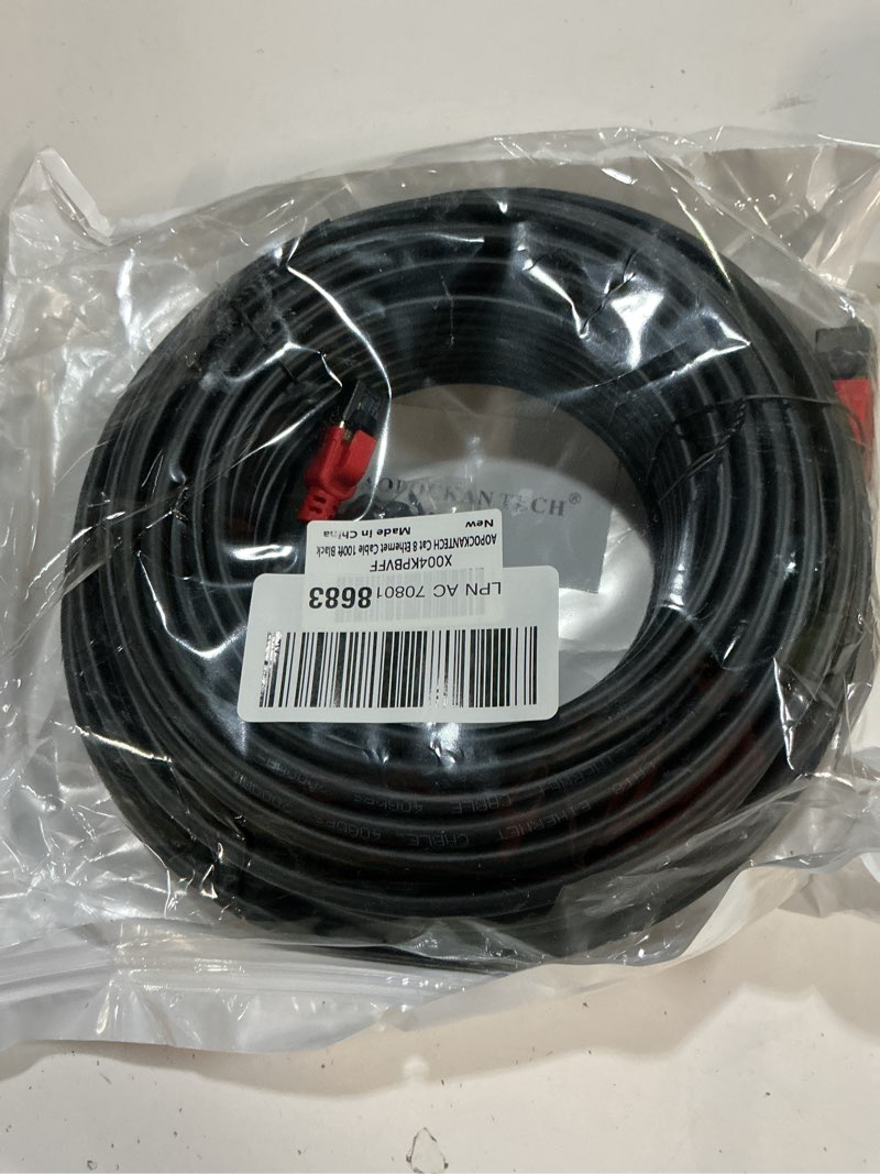 Condition photo showing New/Like New for aopockan tech cat 8 ethernet cable 100 ft,heavy duty high speed internet network cable, professional lan cable, 26awg, 2000mhz 40gbps with gold plated rj45 connector, shielded in wall, indoor&outdoor cat8-100ft black