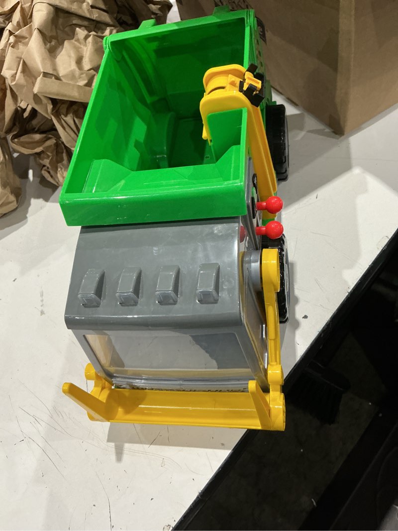 Condition photo showing As Is for maxx action large motorized 19\" maxx action garbage truck toy set with lights and sound includes dumpster, trash bin and miniature trash pieces for kids ( incomplete )