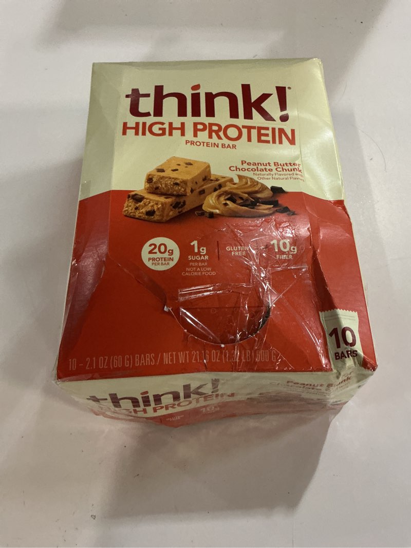 Condition photo showing New/Like New for ((BEST BY/JAN/07/2026))think! Protein Bars, High Protein Snacks, Gluten Free, High Fiber, Peanut Butter Chocolate Chunk, 10 Count Peanut Butter Chocolate Chunk 10 Count (Pack of 1)