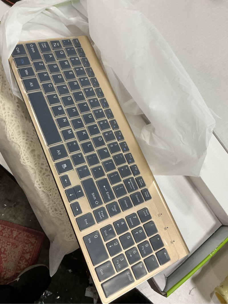 Condition photo showing New/Like New for Wireless Keyboard and Mouse Ultra Slim Combo, TopMate 2.4G Silent Compact USB 2400DPI Mouse and Scissor Switch Keyboard Set with Cover, Batteries Included, for PC/Laptop/Windows/Mac - Gold Black