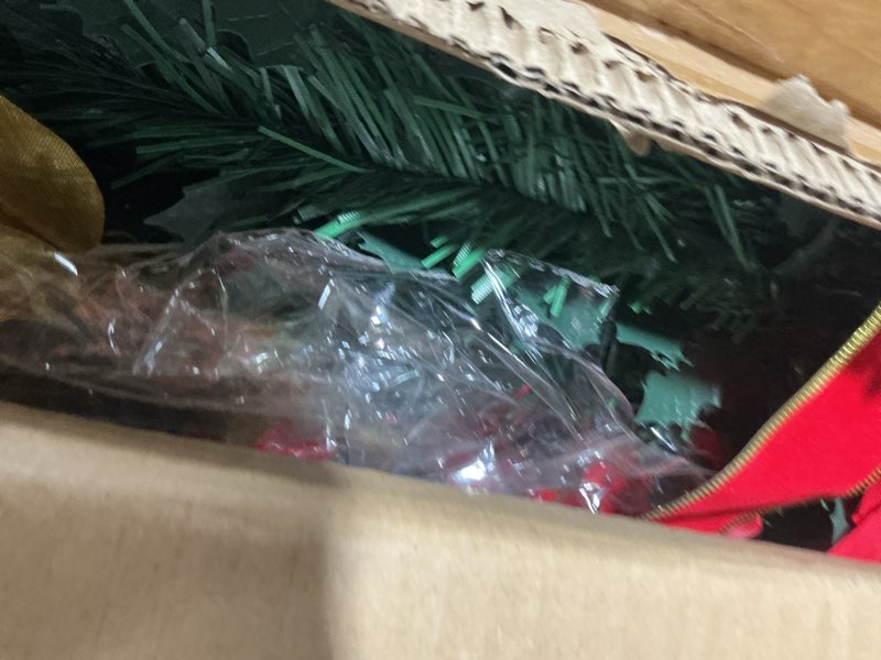 Condition photo showing Good Condition for 6.5 Ft Prelit Full Pop up Christmas Tree with Timer 8 Mode 200 Warm Lights, Ornaments, Red&Gold Ribbon, Flowers, Bows,UL Plug Powered, Fire-Resistant Collapsible Outdoor Indoor Holiday Party Decor 6.5 Ft Green Tree with Warm Lights
