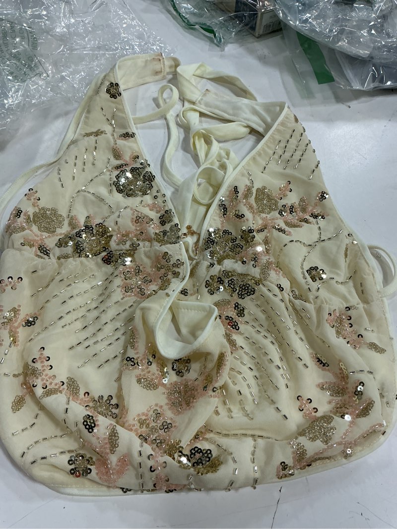 Condition photo showing As Is for Verdusa Women's Cheetah Print Sequin Top Y2K Tie Back Corset Halter Going Out Crop Tops Medium Gold