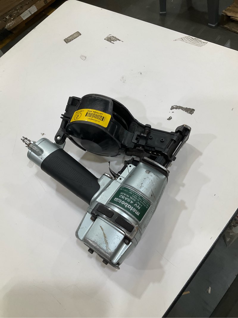 Condition photo showing As Is for metabo hpt 1-3/4-in 15 -degree pneumatic coil roofing nailer