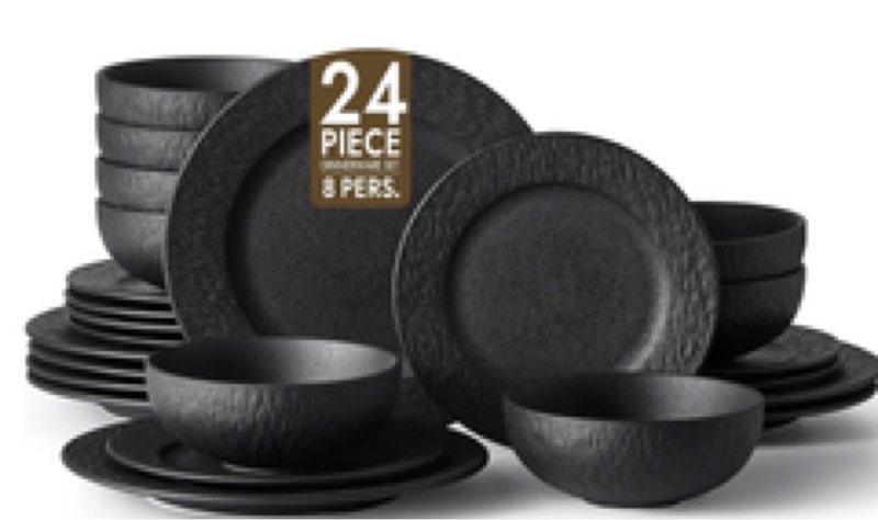 KINGSTONE Black Dinnerware Sets, 24-Piece Matte Marble Pattern Premium Porcelain, Place Setting with