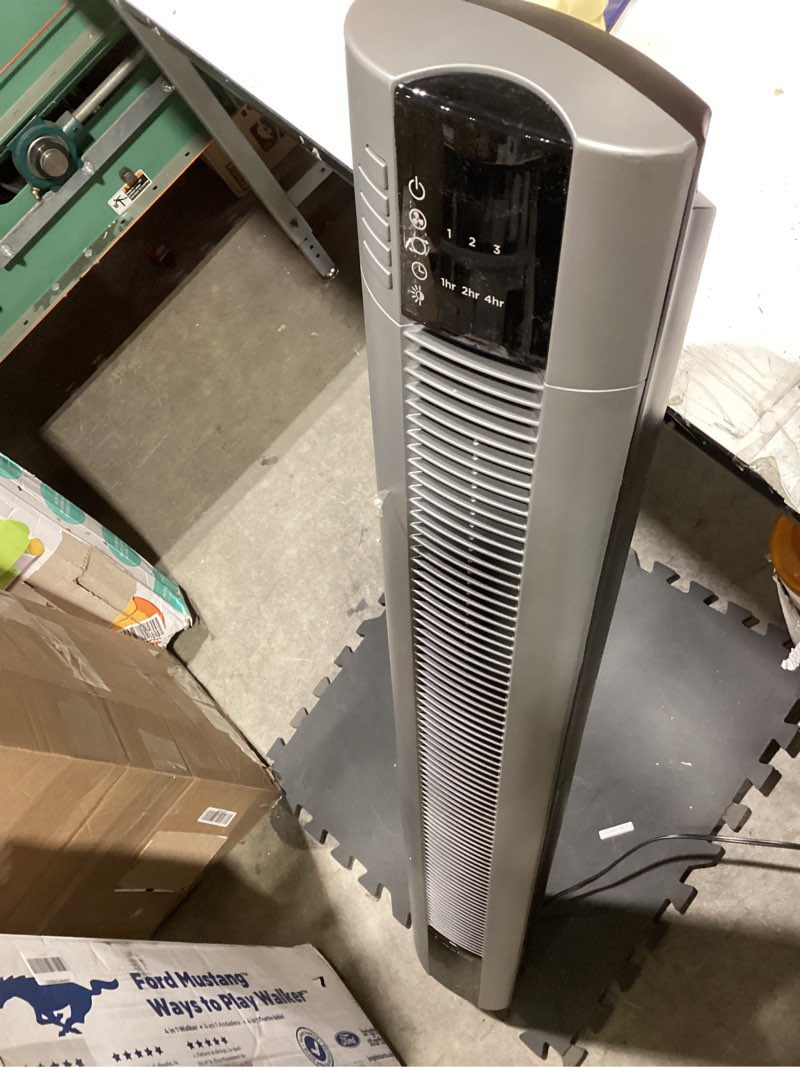 Condition photo showing Good Condition for lasko tower fan, oscillating performance, remote control, nighttime setting, timer, 3 speeds, high-velocity tower fan, room fan for bedroom or office, 48" gray, t48314