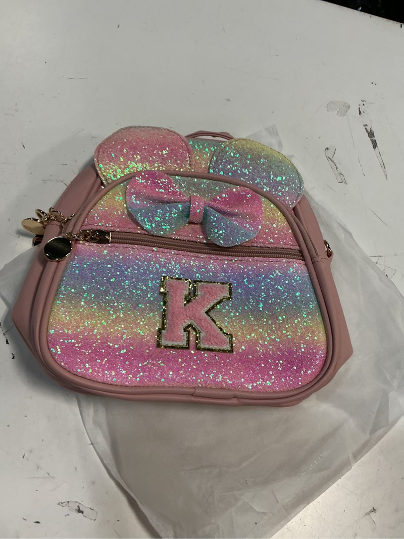 Condition photo showing New/Like New for kkxiu initial bowknot mini backpacks for girls women, small cute backpack purse, personalized birthday gifts for toddler, kids and teen girls(k, rainbow) rainbow k