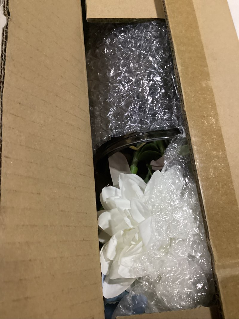 Condition photo showing As Is for lueur fake flowers with vase, hydrangea artificial flowers in vase faux flowers arrangement suitable for home kitchen living room fall spring decor office decoration, centerpiece table decorations blue-hydrangea