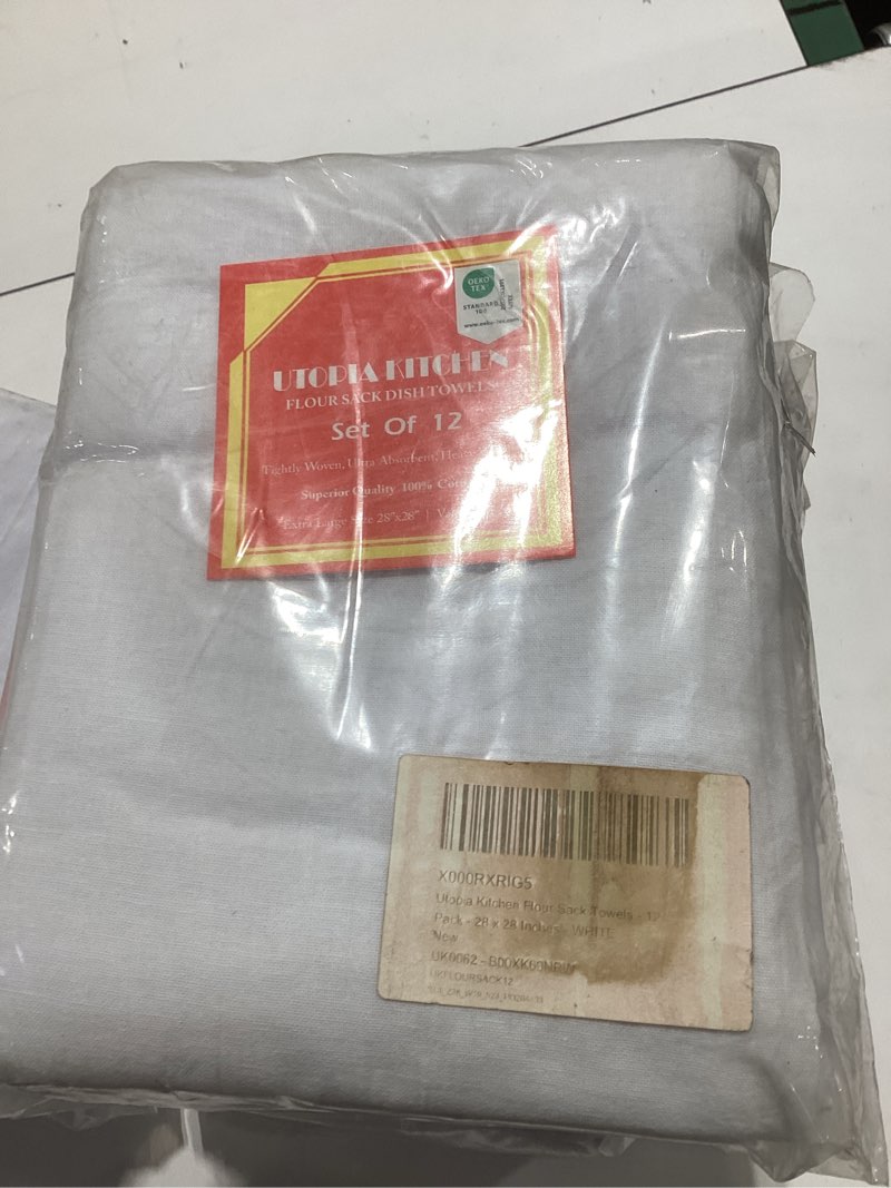 Condition photo showing As Is for Utopia Kitchen White Flour Sack Towels [12 Pack - 28 x 28 Inch] 100% Cotton Tea Towels for Cleaning & Drying - Highly Absorbent Kitchen Dish Cloth White 12 Pack