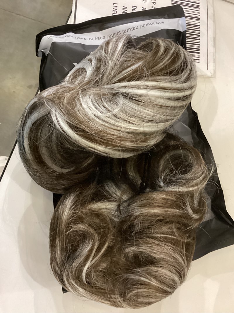 Condition photo showing As Is for BARSDAR 2 PCS Messy Bun Hair Pieces - Elastic Brown Gray Messy Hair Bun Scrunchies Extensions for Women - Synthetic Thick Fluffy Updo Chignons Salt and Pepper Hairpieces Daily Brown Gray Mix