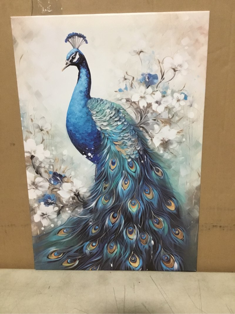 CXHOSTENT Elegance Canvas Wall Art - Blue Peacock and White Floral Picture (16L x 24W)