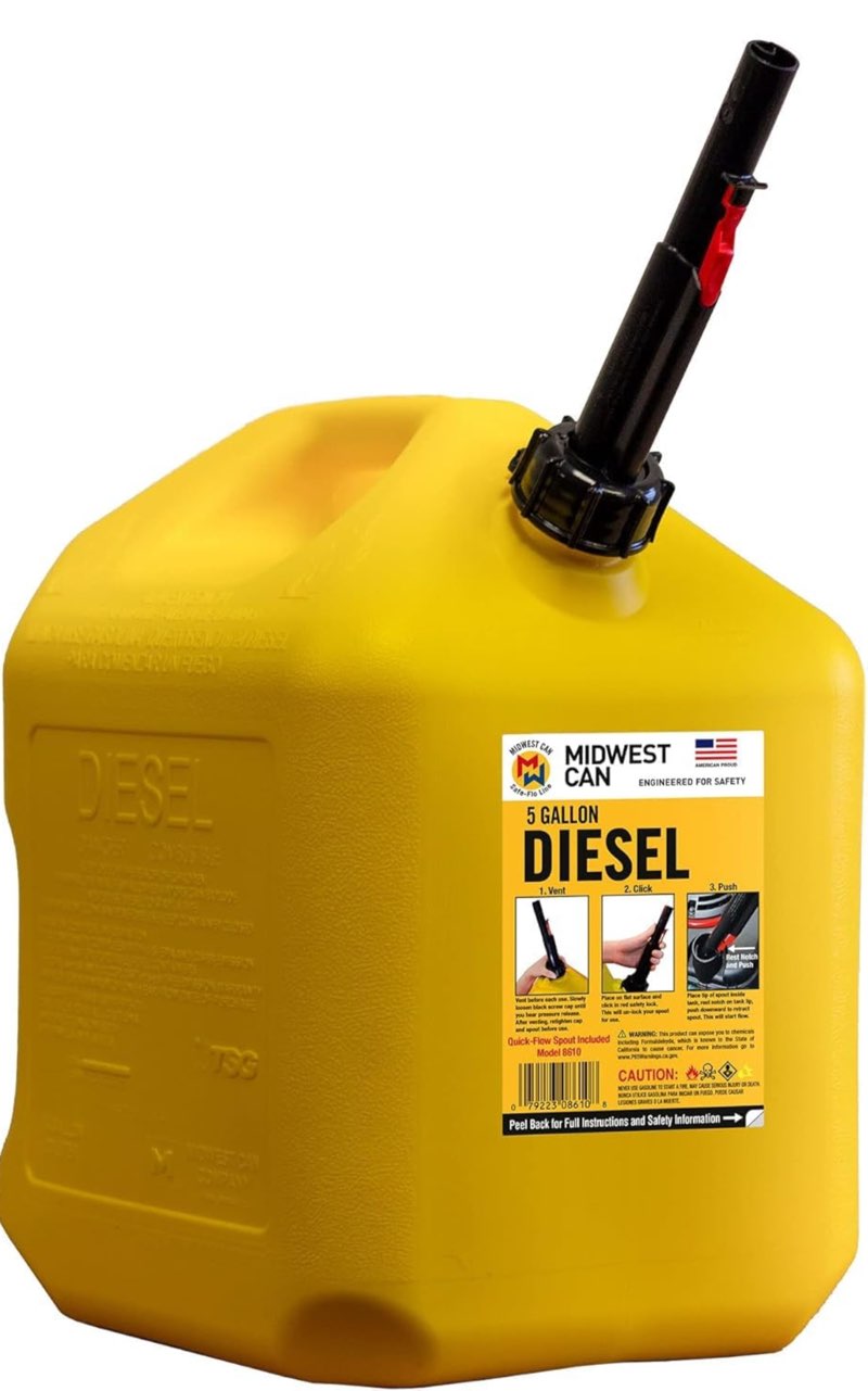 midwest can 8610 safe-flo auto shut off 5 gallon diesel can yellow plastic fuel container with flameshield safety system & quick-flow spout - 1 pack