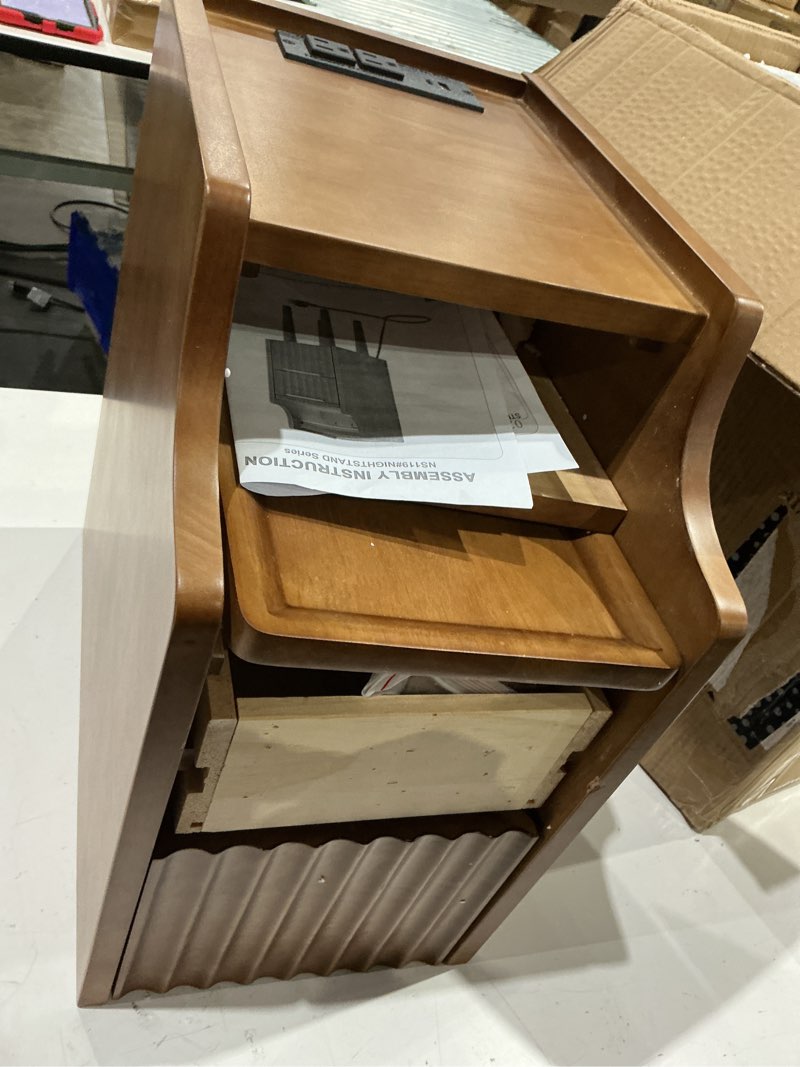 Condition photo showing As Is for drawers, walnut mid century modern led nightstand, small beside table with open storage shelf for bedroom